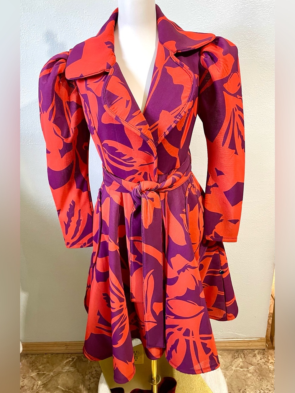 CQbyCQ Purple Orange Floral Belted Trench Coat Puff Sleeve Mod Statement Longlin